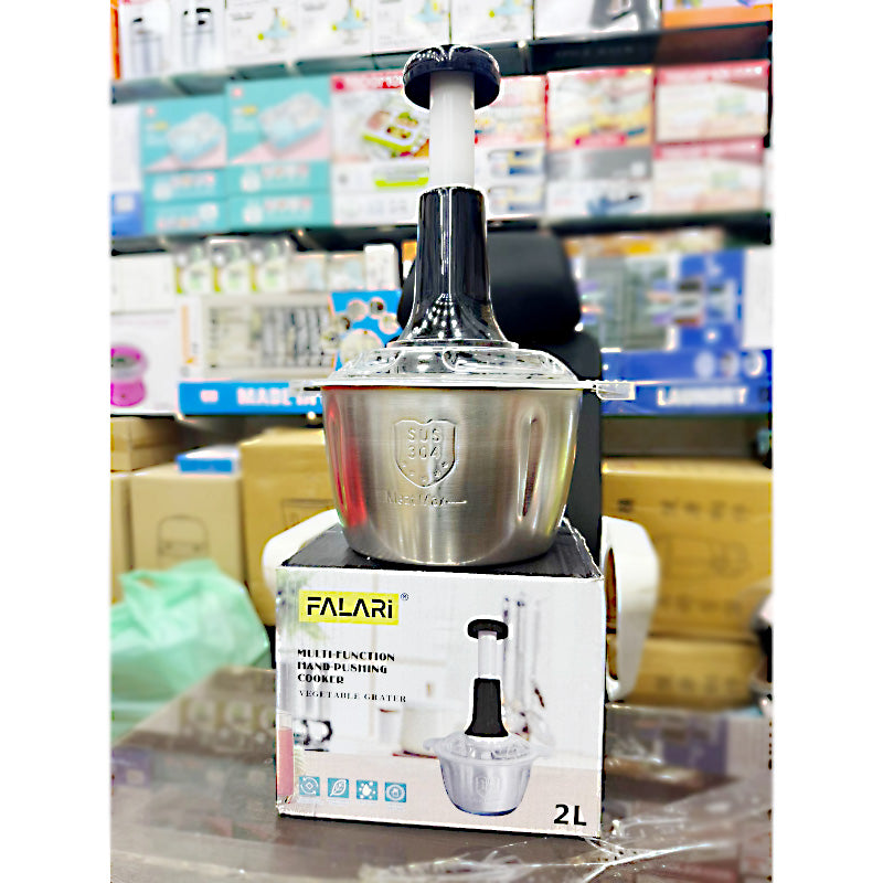 2L Stainless Steel Manual Food Chopper – Heavy-Duty Hand-Push Food Processor with 4 Curved Blades