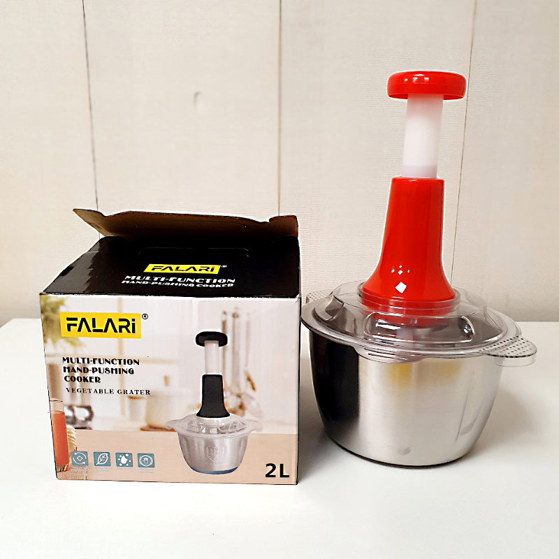 2L Stainless Steel Manual Food Chopper – Heavy-Duty Hand-Push Food Processor with 4 Curved Blades