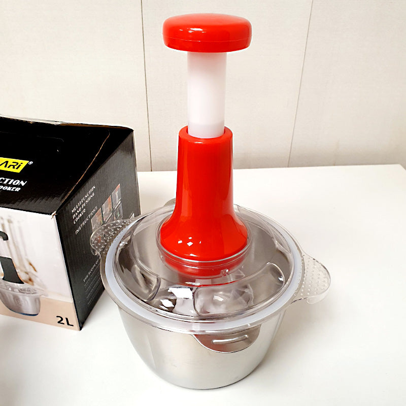 2L Stainless Steel Manual Food Chopper – Heavy-Duty Hand-Push Food Processor with 4 Curved Blades
