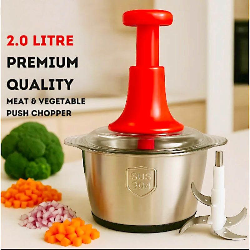 2L Stainless Steel Manual Food Chopper – Heavy-Duty Hand-Push Food Processor with 4 Curved Blades
